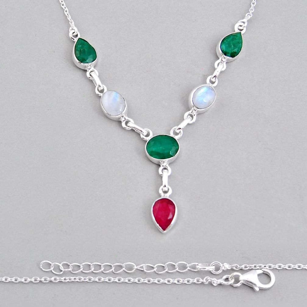 21.01cts natural green emerald moonstone ruby sterling silver necklace y28760