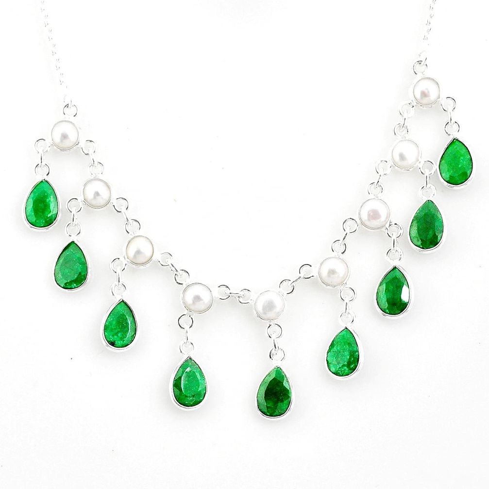 23.15cts natural green emerald pearl 925 sterling silver necklace jewelry r77387