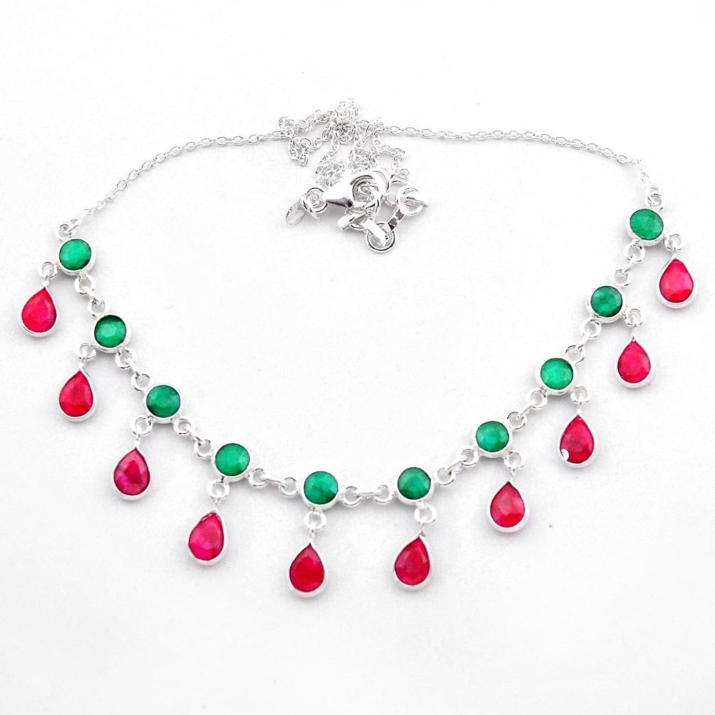 22.09cts natural green emerald red ruby 925 sterling silver necklace t40585