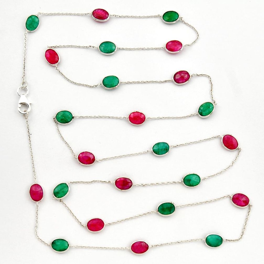 35.04cts natural green emerald ruby 925 sterling silver chain necklace r31496