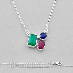4.11cts natural green emerald ruby sapphire 925 sterling silver necklace n49508