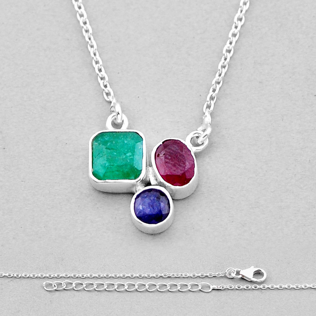 4.77cts natural green emerald ruby sapphire 925 sterling silver necklace n49514