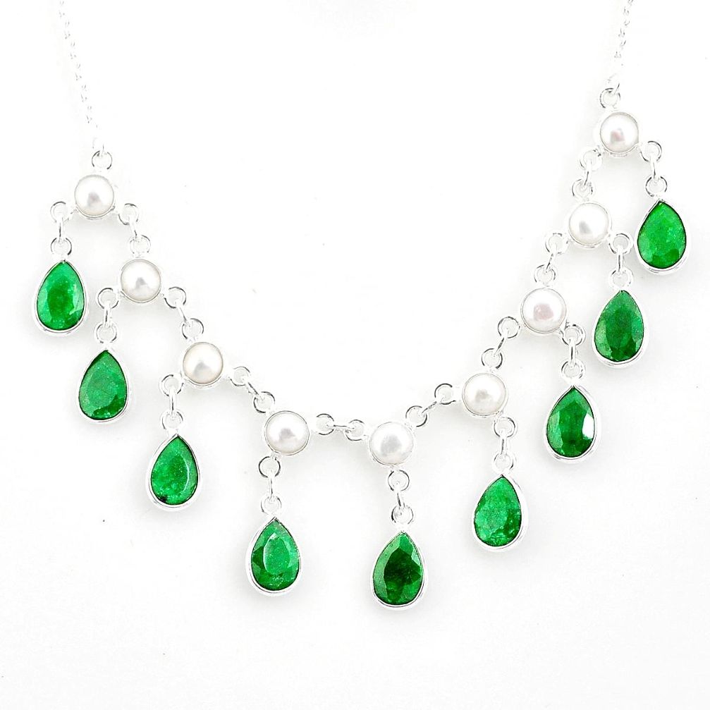22.13cts natural green emerald white pearl 925 sterling silver necklace r77385