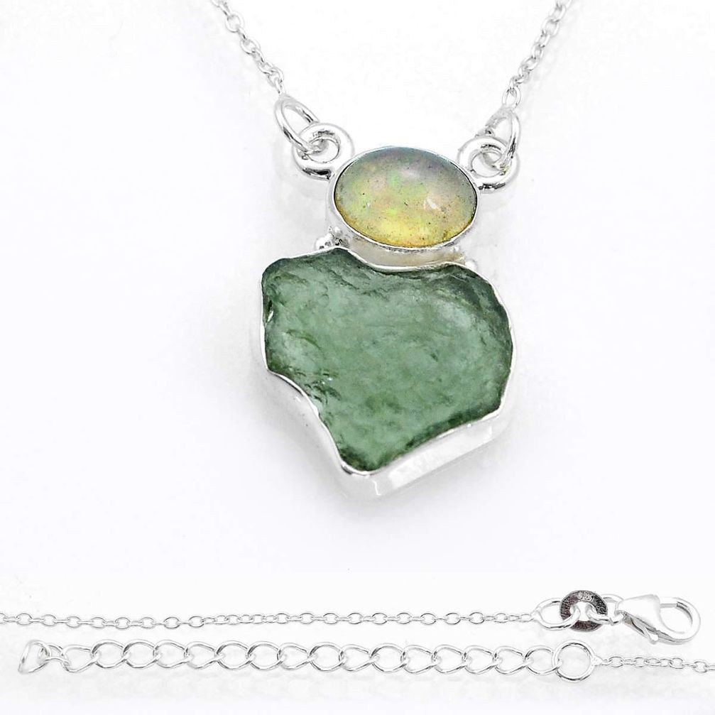10.31cts natural green moldavite ethiopian opal 925 silver necklace u78262