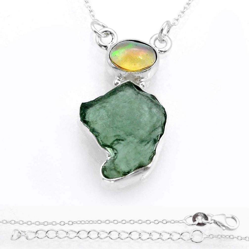 10.34cts natural green moldavite ethiopian opal 925 silver necklace u78269