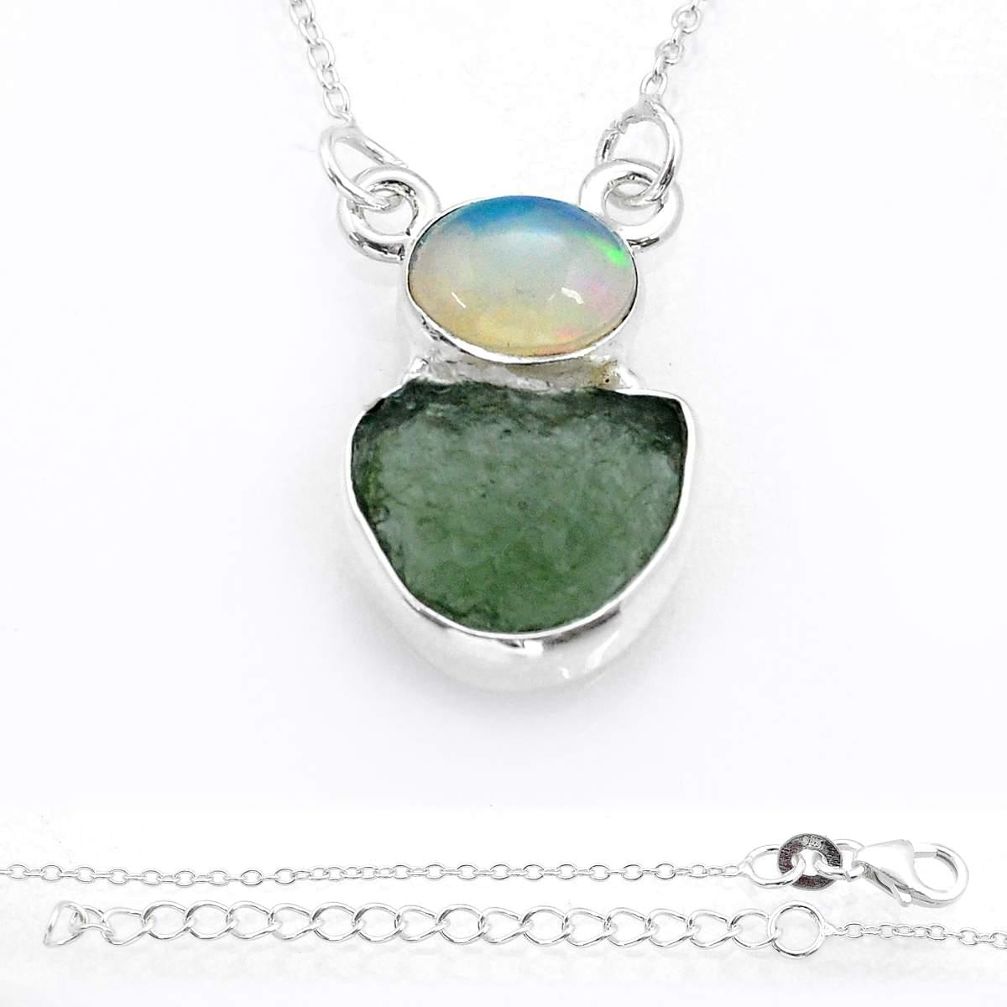 8.09cts natural green moldavite ethiopian opal 925 silver necklace u78277