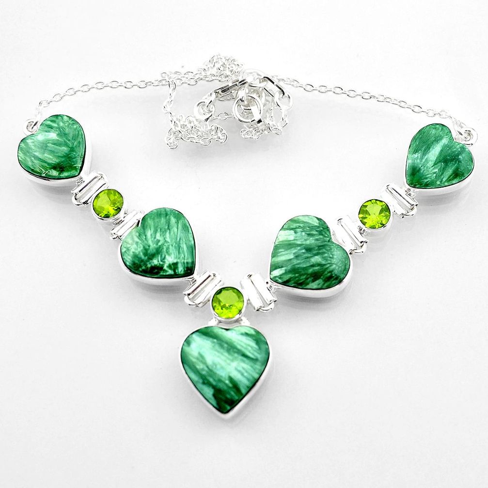 57.28cts natural green seraphinite (russian) peridot 925 silver necklace r52314