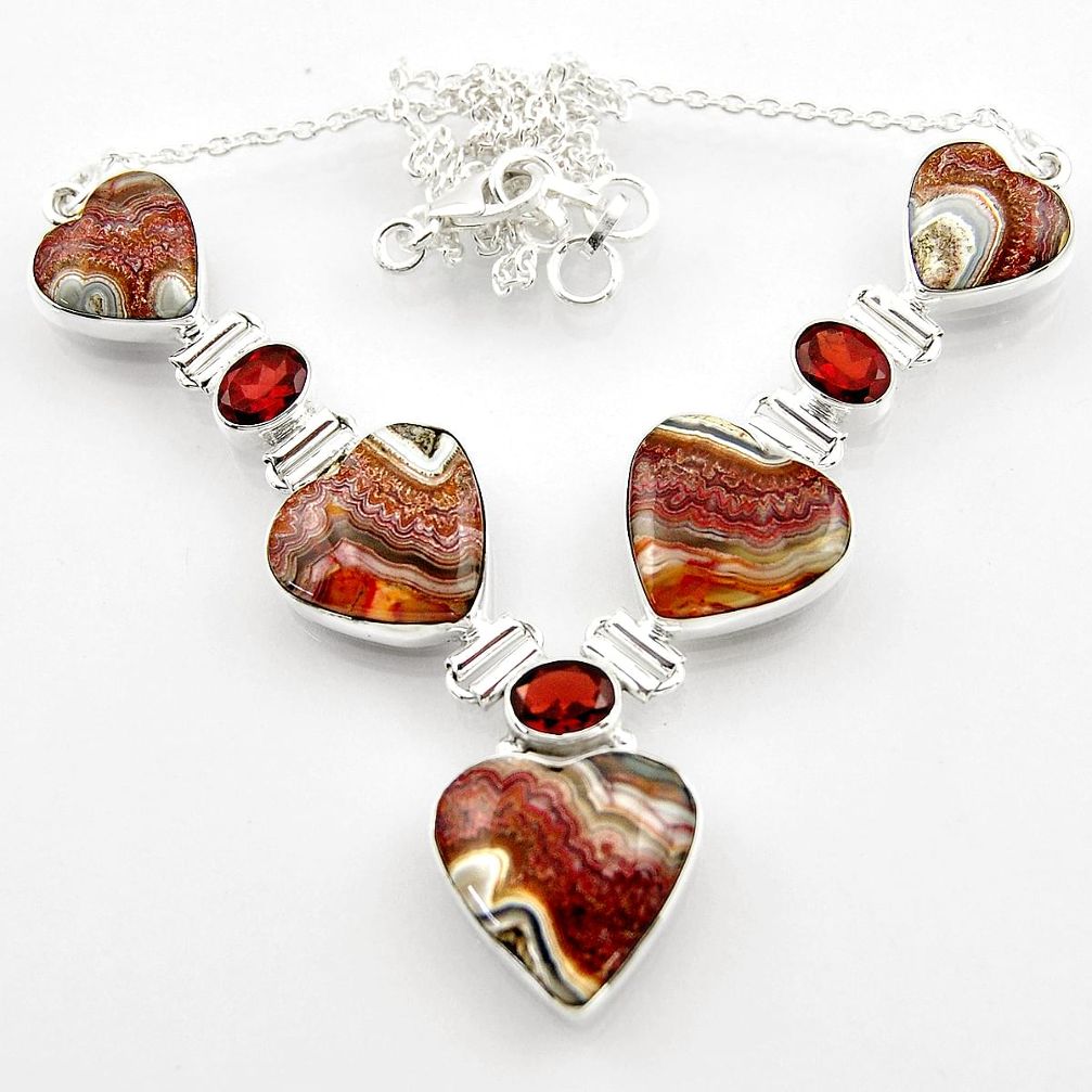 63.65cts natural mexican laguna lace agate heart 925 silver necklace r52305