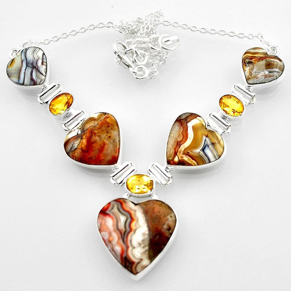 63.40cts natural mexican laguna lace agate heart 925 silver necklace r52311