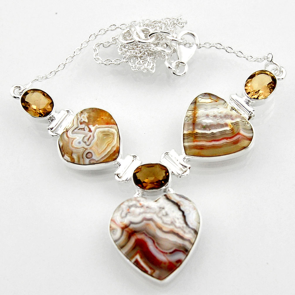 48.05cts natural mexican laguna lace agate heart 925 silver necklace r52328