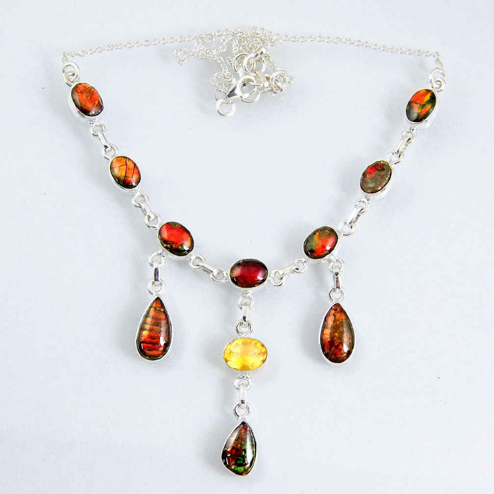 31.35cts natural multi color ammolite (canadian) 925 silver necklace r56039