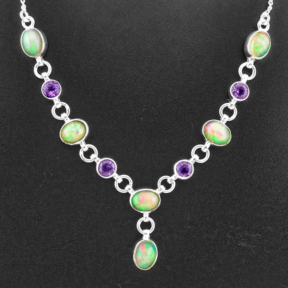 17.16cts natural multi color ethiopian opal amethyst 925 silver necklace t2951
