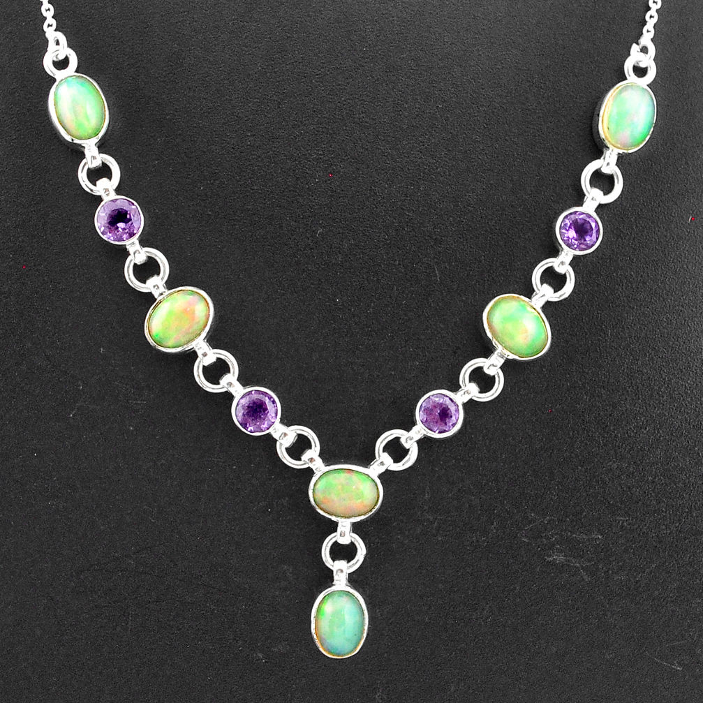 16.65cts natural multi color ethiopian opal amethyst 925 silver necklace t2953