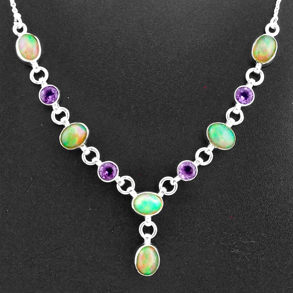 16.65cts natural multi color ethiopian opal amethyst 925 silver necklace t2958