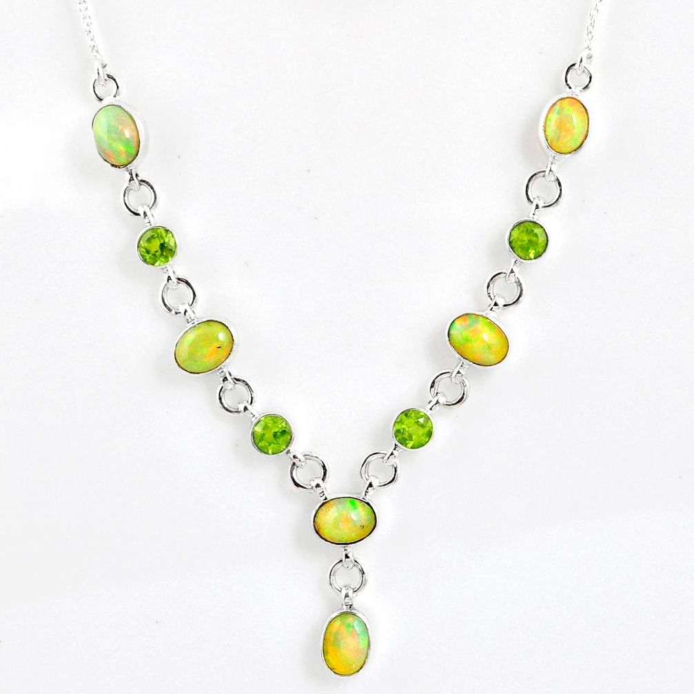 14.23cts natural multi color ethiopian opal peridot 925 silver necklace r59487