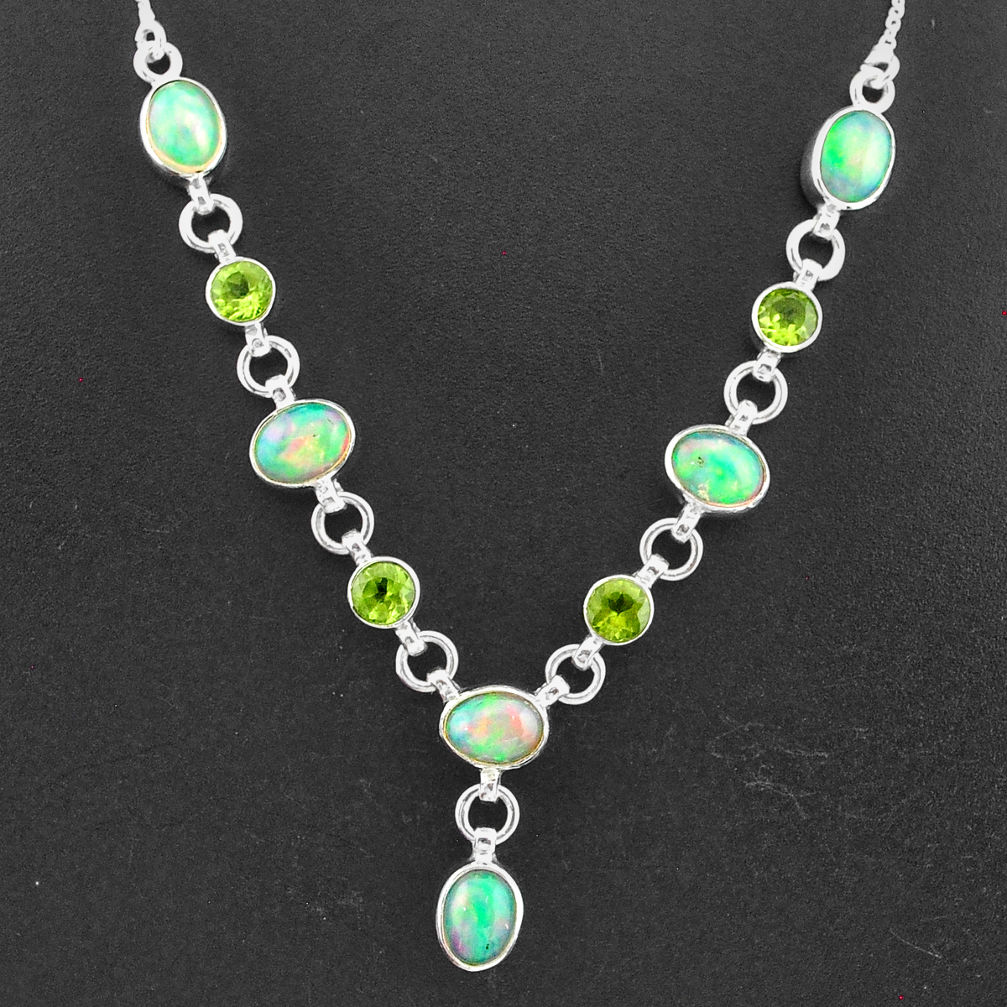 17.54cts natural multi color ethiopian opal peridot 925 silver necklace t2941