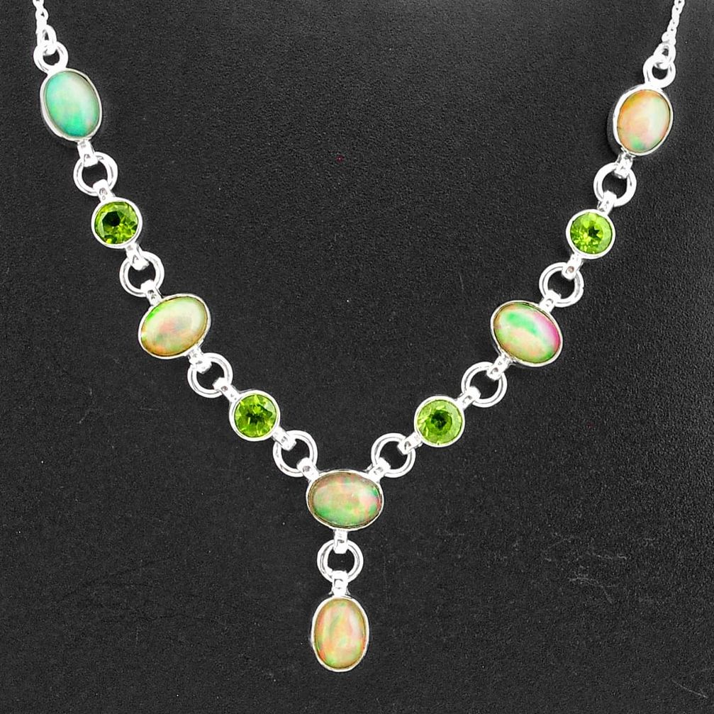 16.84cts natural multi color ethiopian opal peridot 925 silver necklace t2954