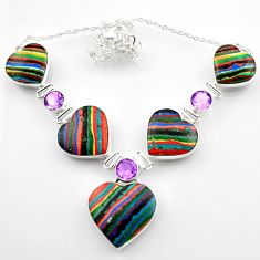 75.65cts natural multi color rainbow calsilica heart 925 silver necklace r52308
