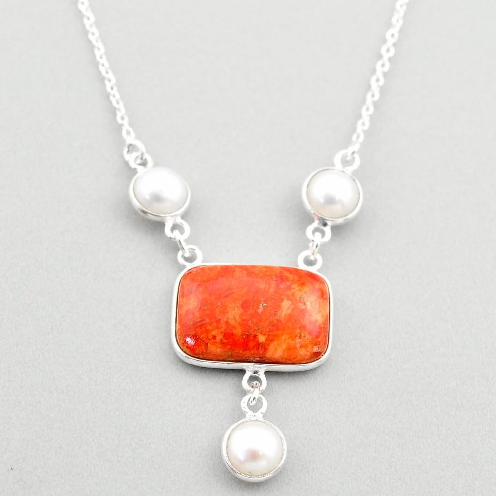 13.77cts natural orange mojave turquoise white pearl 925 silver necklace t70808