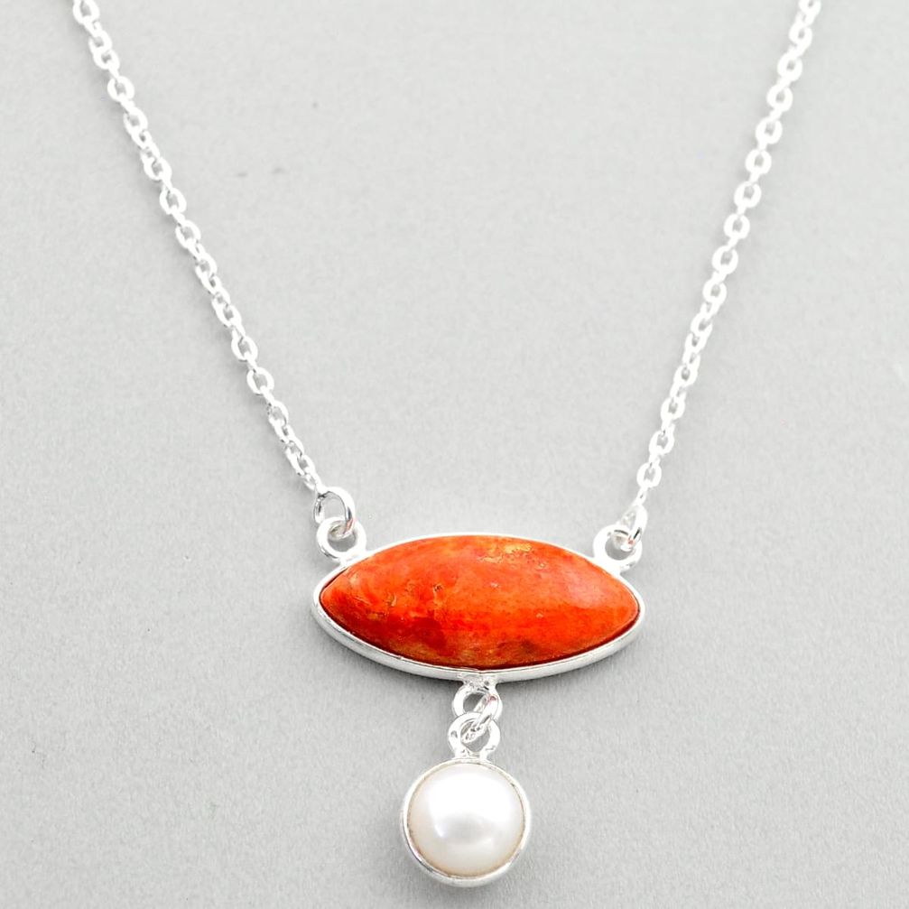 9.37cts natural orange mojave turquoise white pearl 925 silver necklace t70819