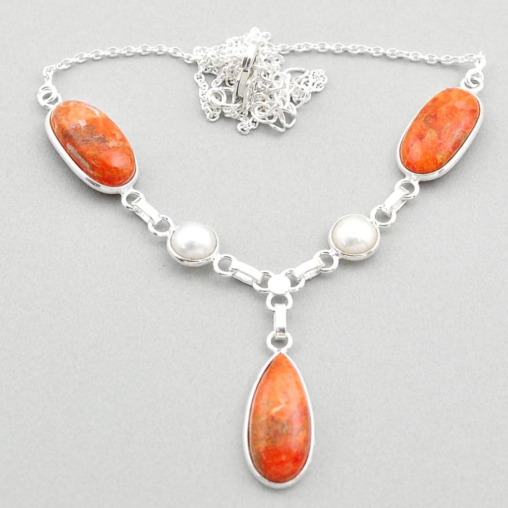19.10cts natural orange mojave turquoise white pearl 925 silver necklace t70835