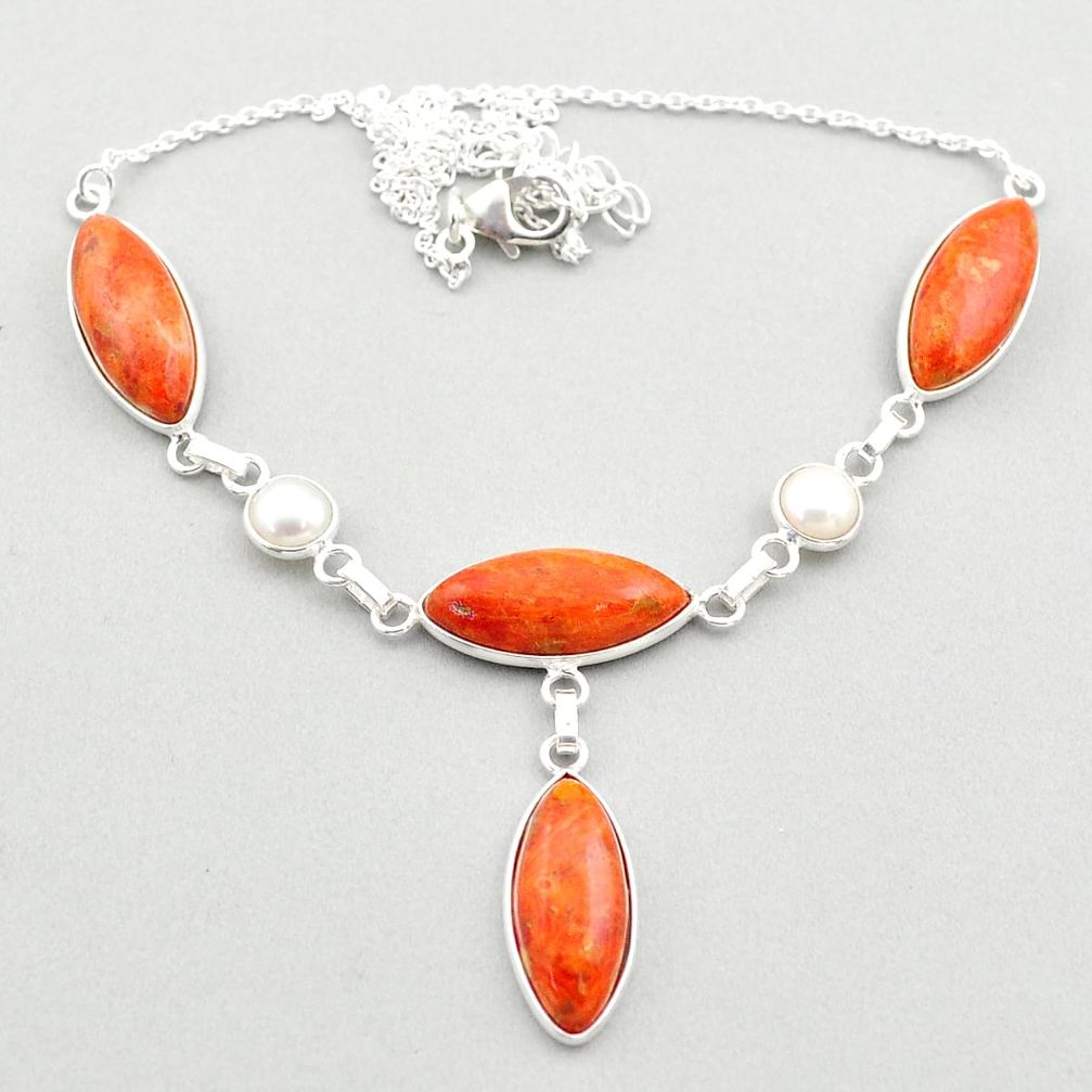 27.10cts natural orange mojave turquoise white pearl 925 silver necklace t70857