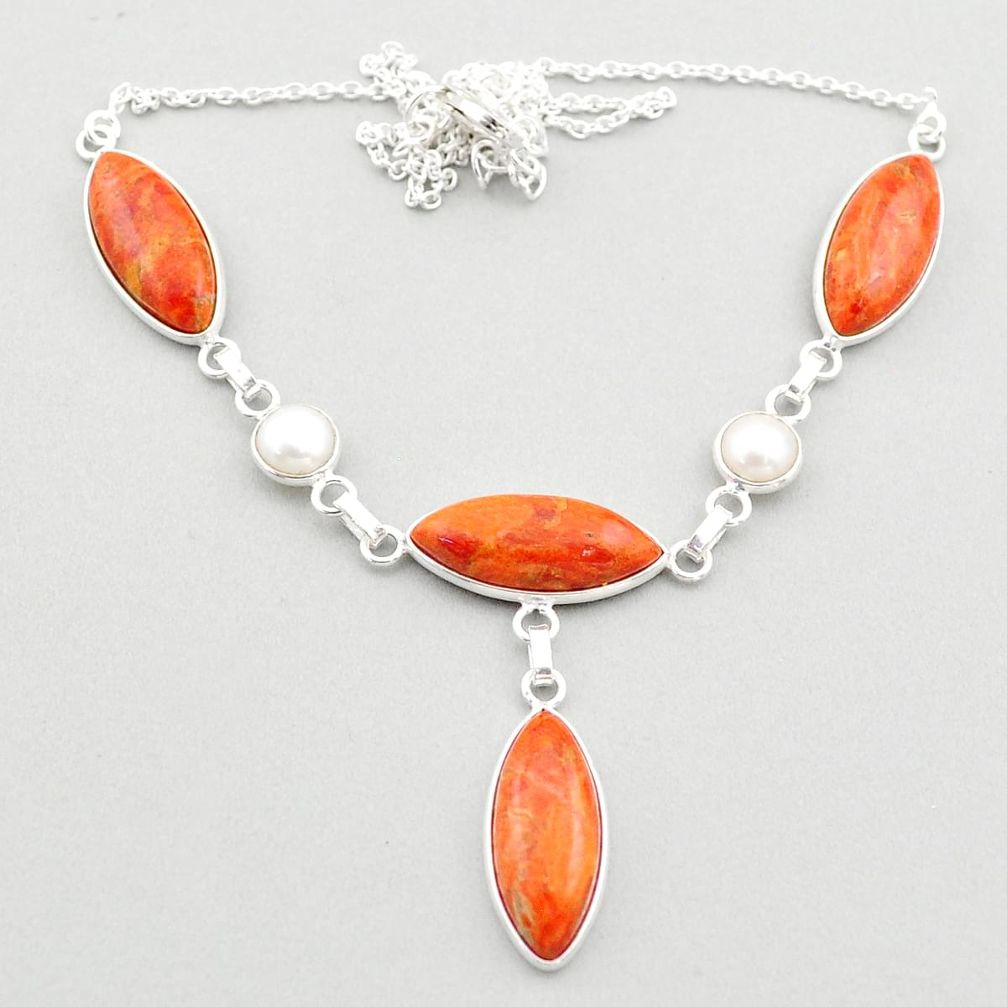 25.28cts natural orange mojave turquoise white pearl 925 silver necklace t70858