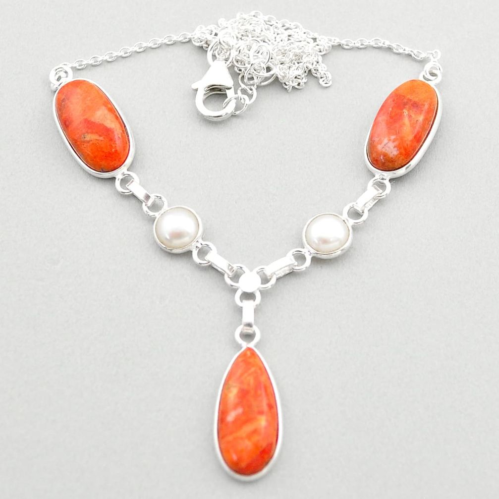  orange mojave turquoise white pearl 925 silver necklace t71098