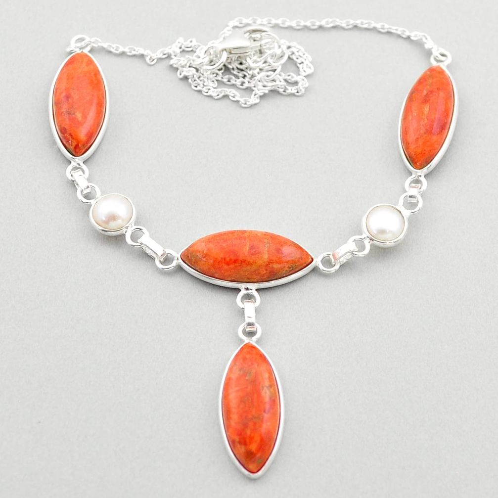 26.54cts natural orange mojave turquoise white pearl 925 silver necklace t71100