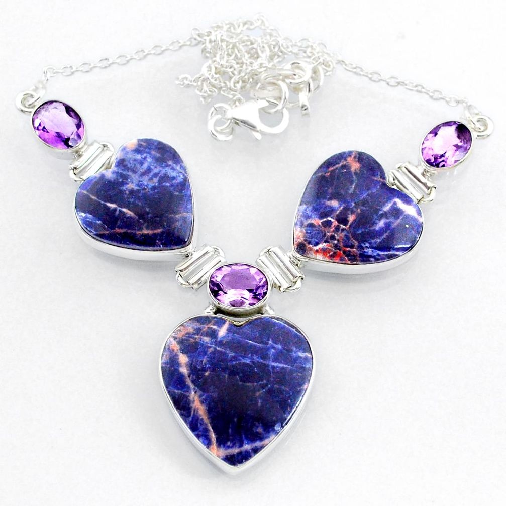 56.24cts natural orange sodalite amethyst 925 silver heart necklace r71624