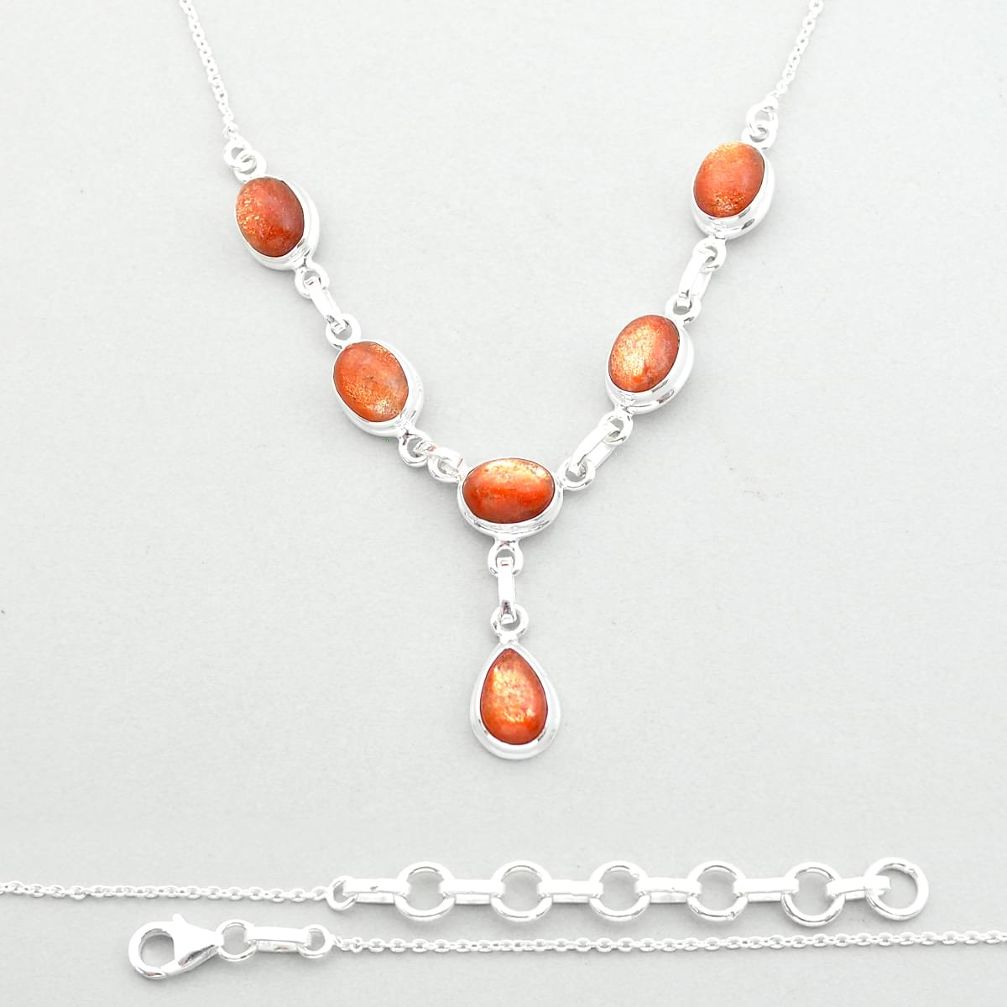 18.88cts natural orange sunstone (hematite feldspar) 925 silver necklace u60475