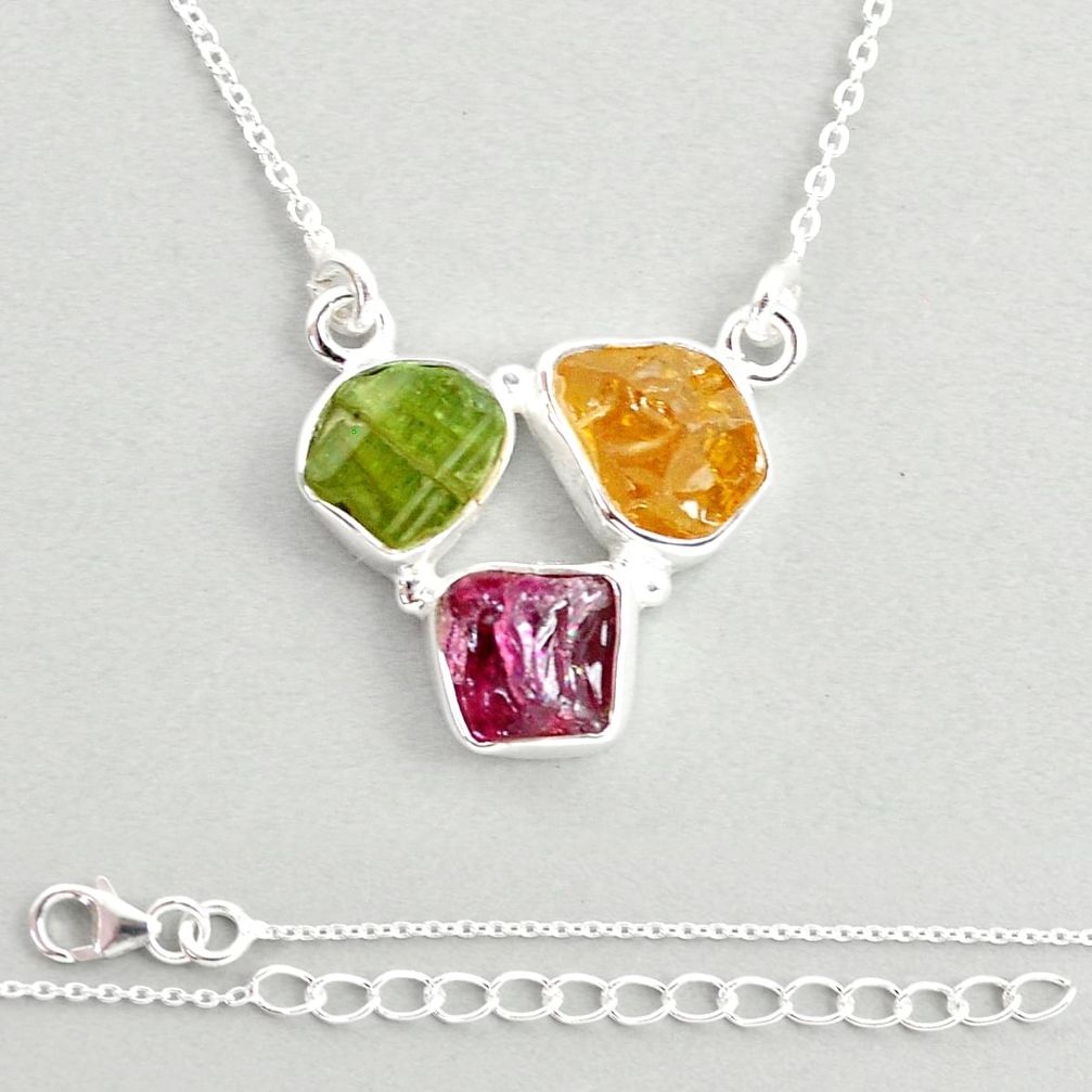 11.18cts natural pink green yellow tourmaline rough fancy silver necklace u26836