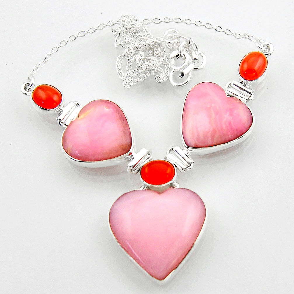 57.88cts natural pink opal cornelian (carnelian) heart silver necklace r52321