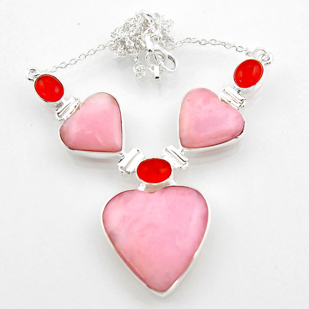 41.84cts natural pink opal heart cornelian 925 silver necklace jewelry r52324