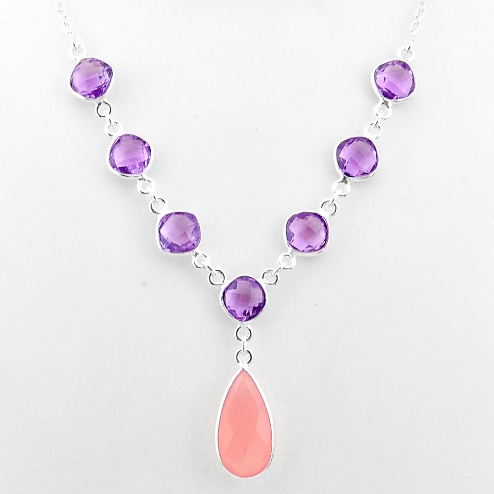 23.74cts natural pink rose quartz amethyst 925 sterling silver necklace t16121