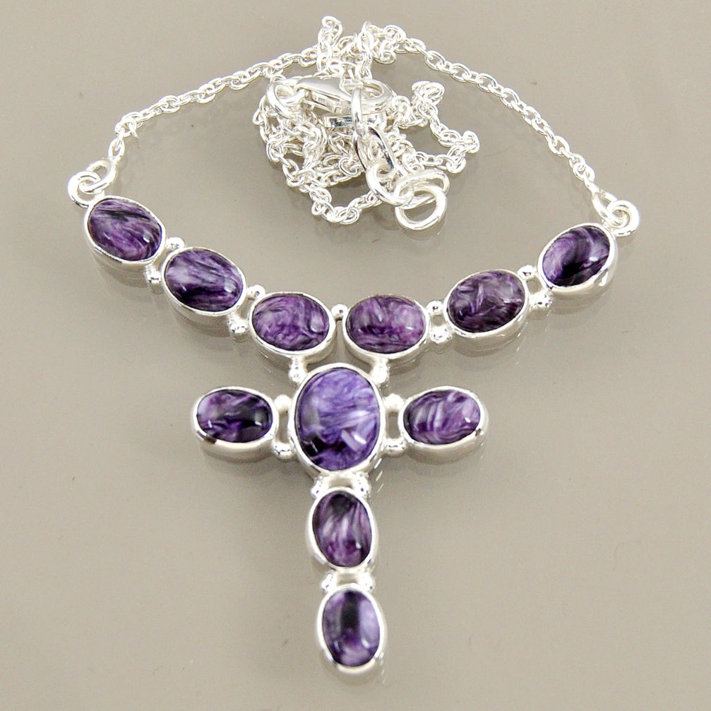 25.67cts natural purple charoite (siberian) 925 sterling silver necklace r47602