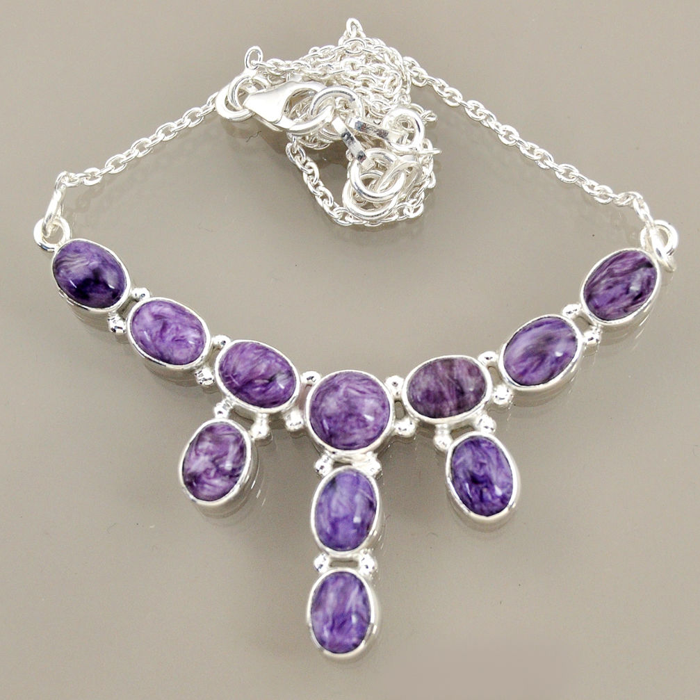 24.26cts natural purple charoite (siberian) 925 sterling silver necklace r47605
