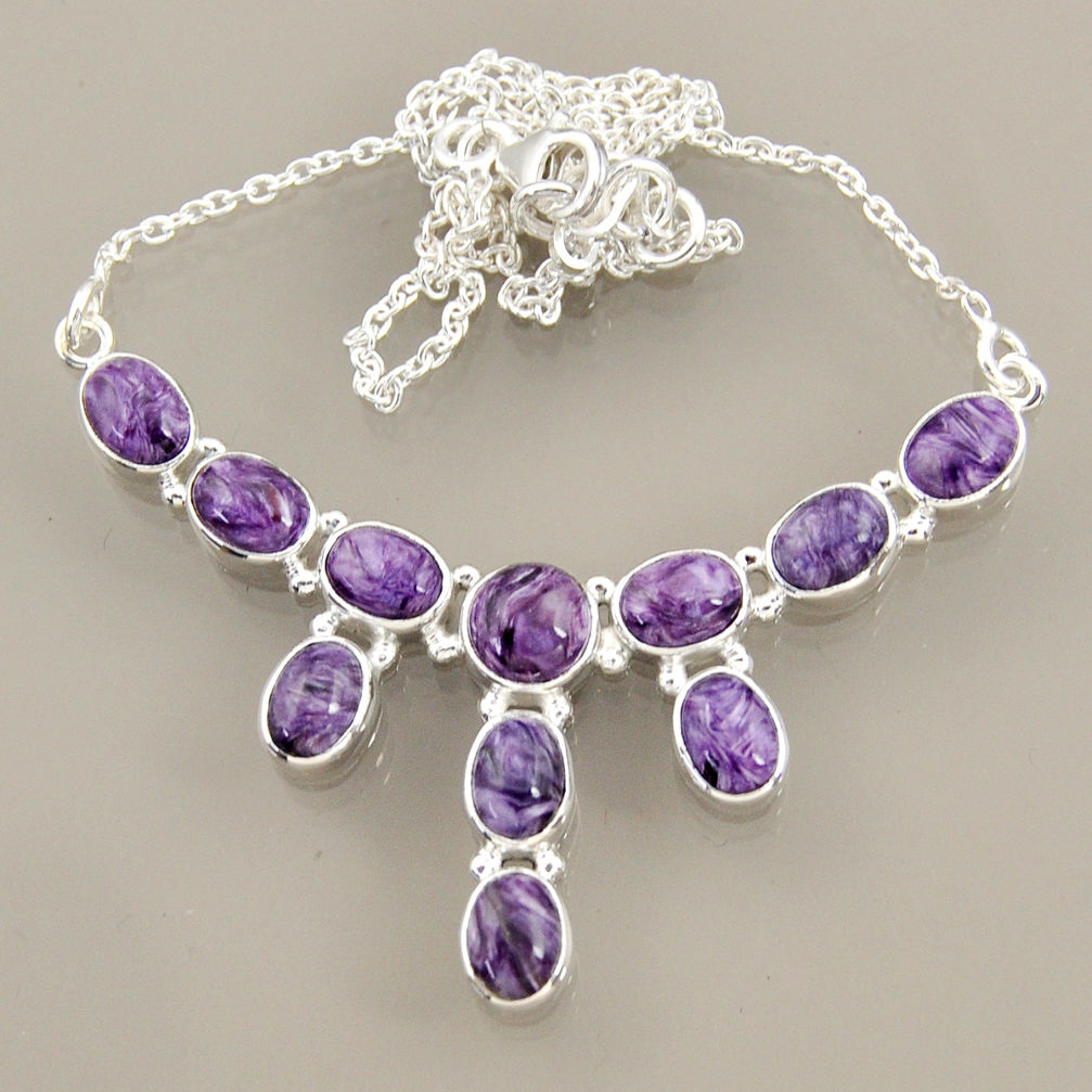 23.92cts natural purple charoite (siberian) 925 sterling silver necklace r47607