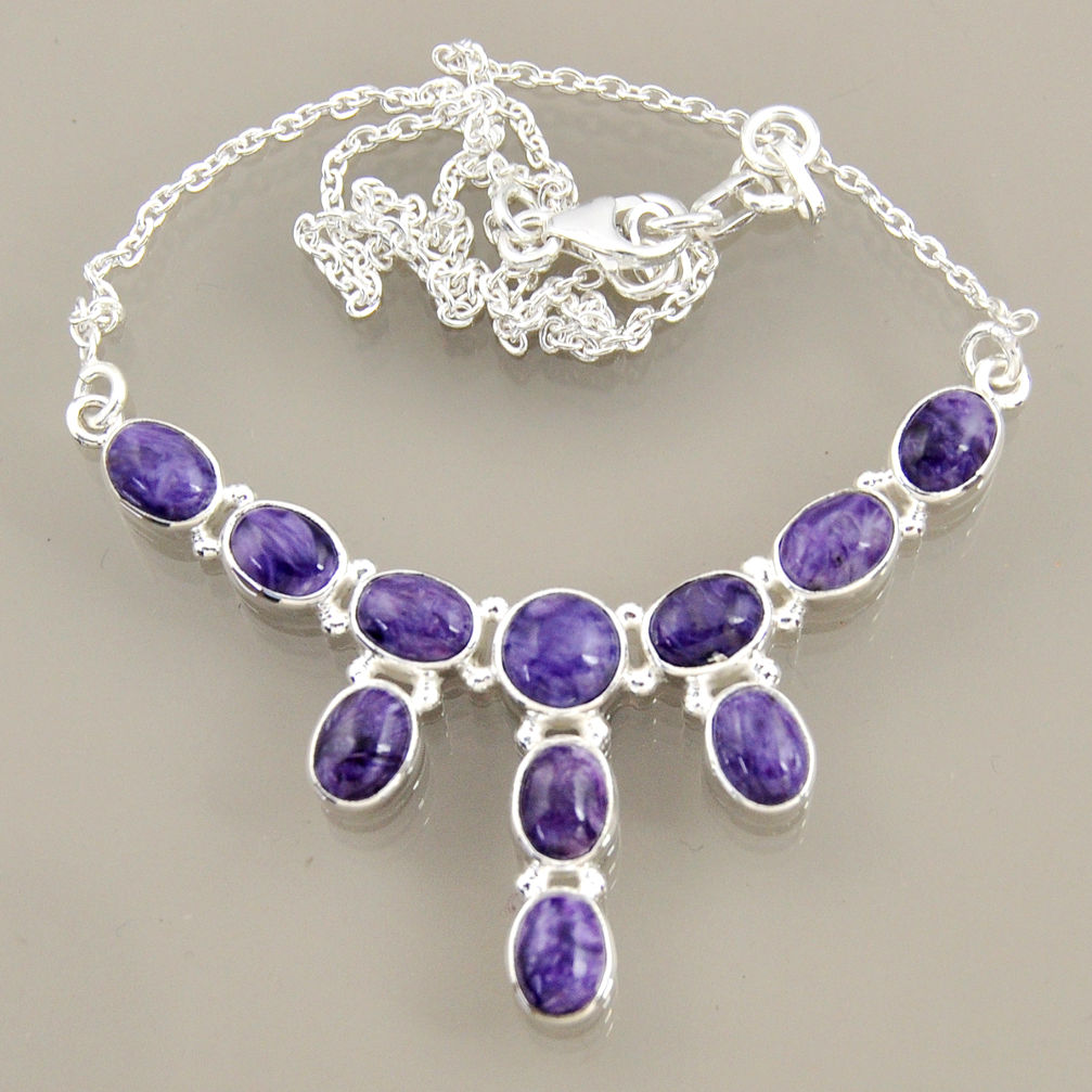 24.62cts natural purple charoite (siberian) 925 sterling silver necklace r47609