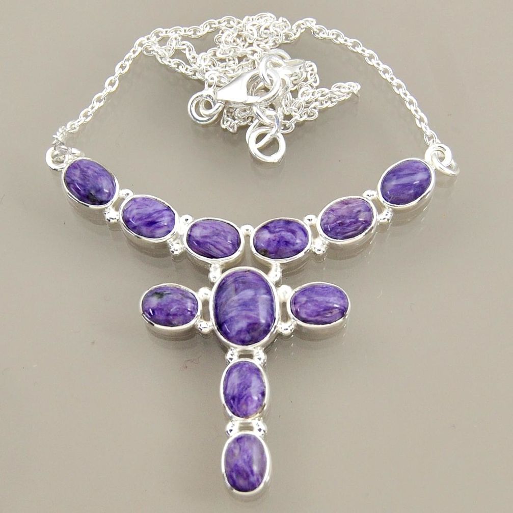 26.80cts natural purple charoite (siberian) 925 sterling silver necklace r47611