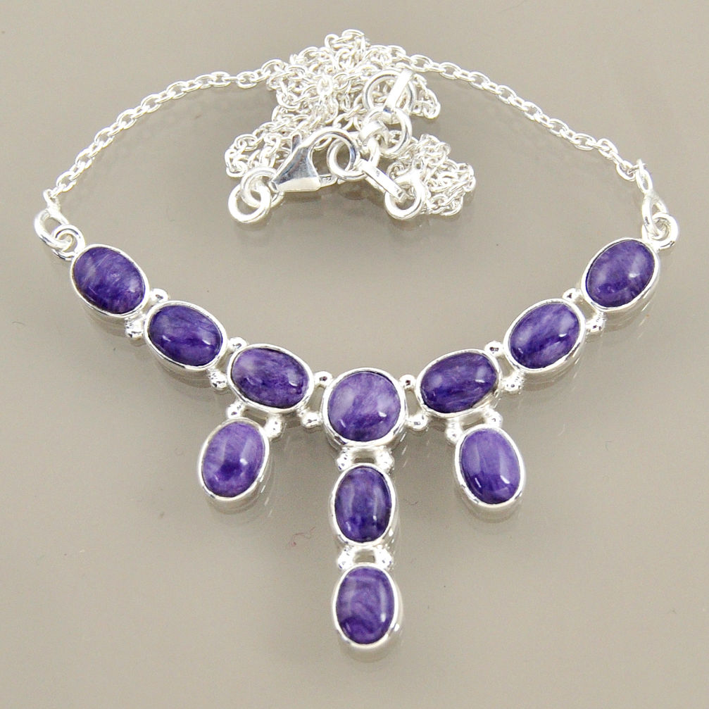 23.61cts natural purple charoite (siberian) 925 sterling silver necklace r47612