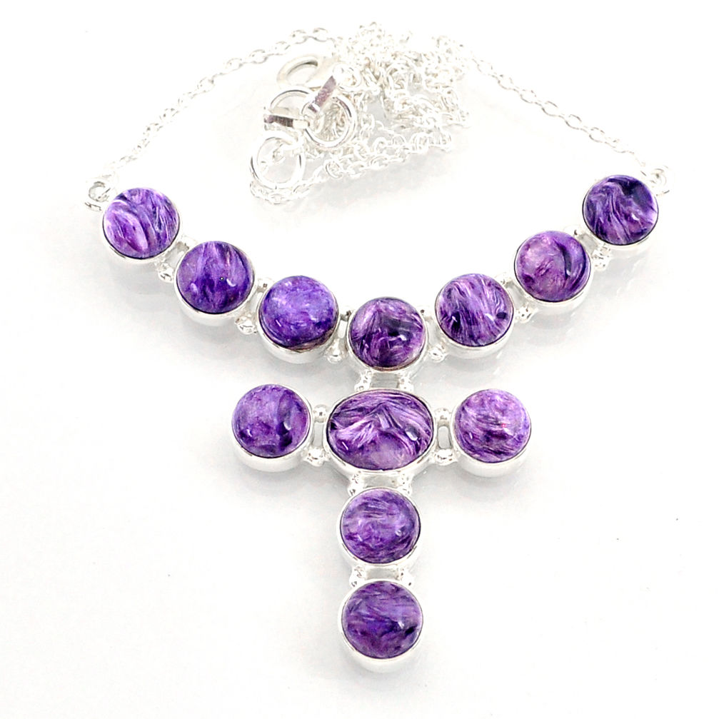 37.41cts natural purple charoite (siberian) 925 sterling silver necklace r72996