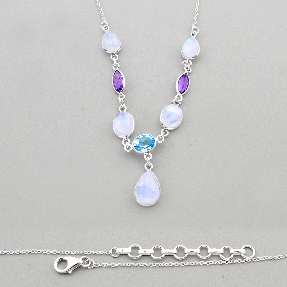 21.34cts natural rainbow moonstone amethyst topaz 925 silver necklace y60732