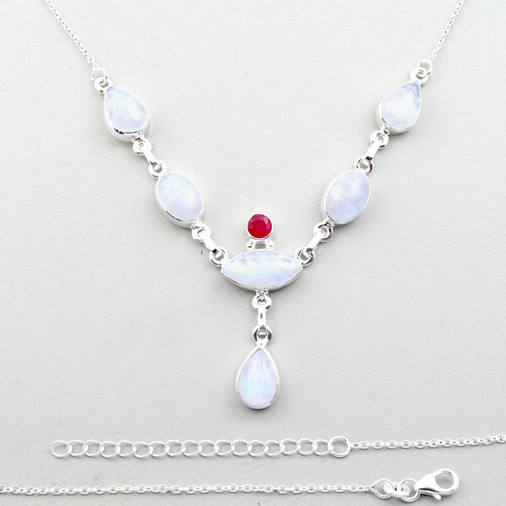 26.30cts natural rainbow moonstone red ruby 925 sterling silver necklace u13099