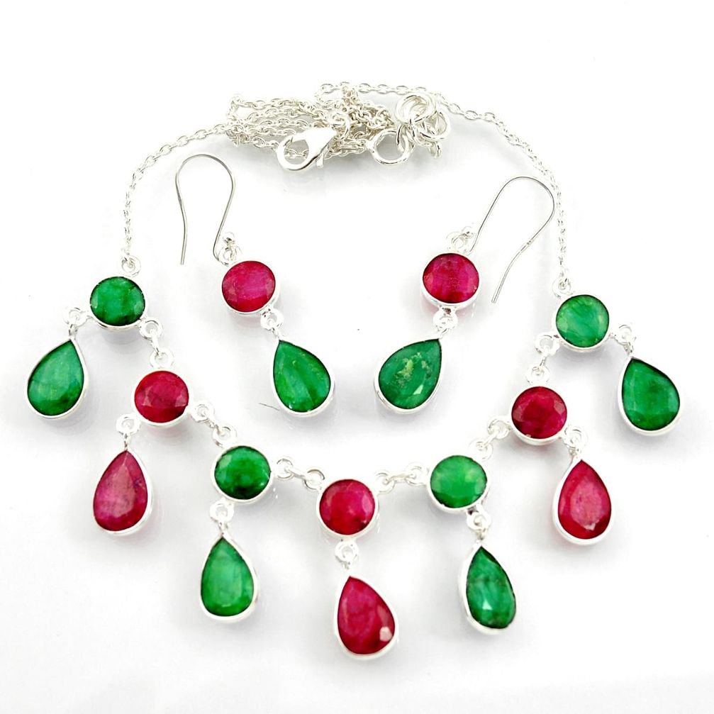 55.30cts natural red ruby emerald pear 925 silver earrings necklace set d45854