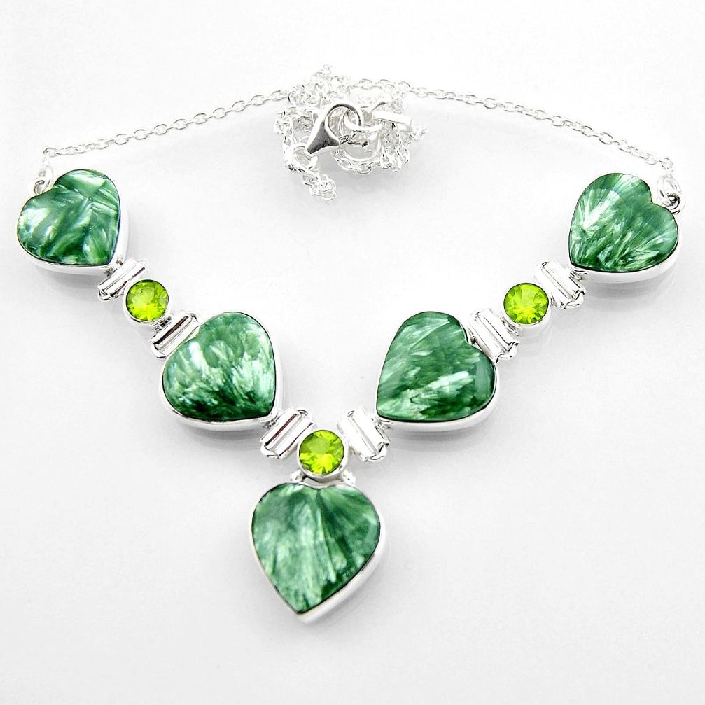 63.08cts natural seraphinite (russian) heart peridot 925 silver necklace r52313