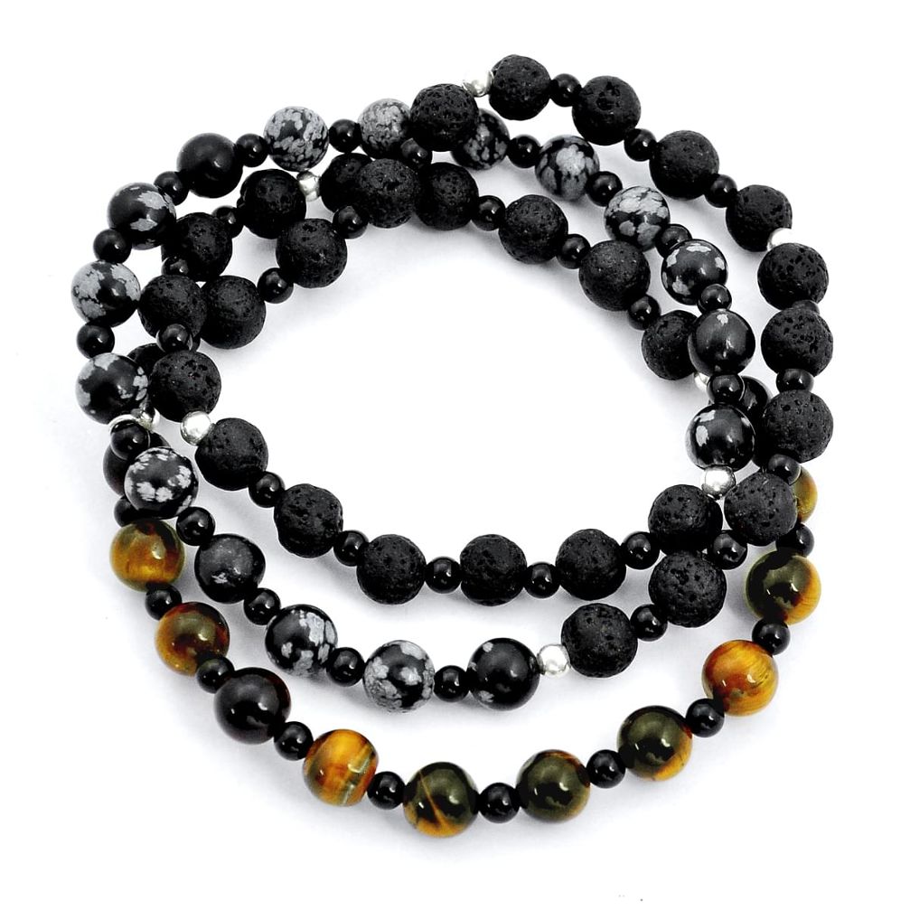 222.62cts natural tiger's eye shungite onyx 925 silver beads necklace u92213