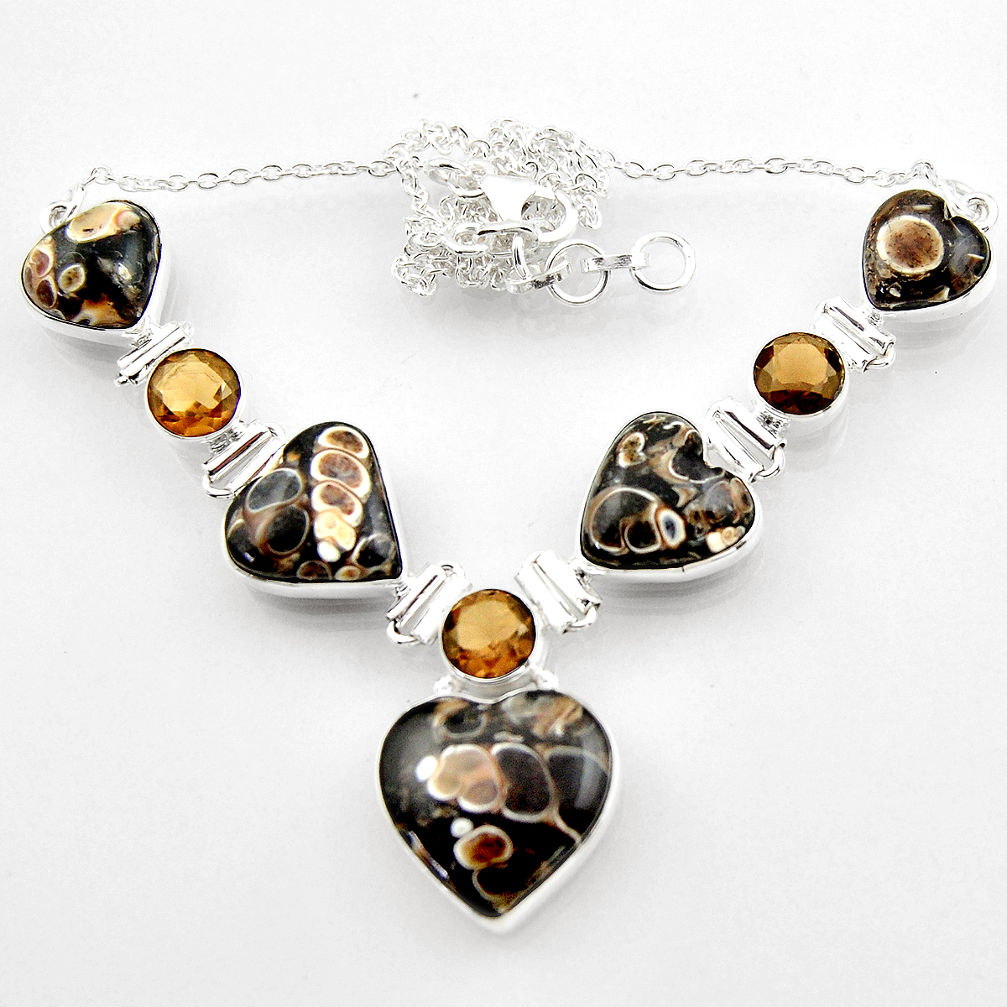 65.50cts natural turritella fossil snail agate heart 925 silver necklace r52310