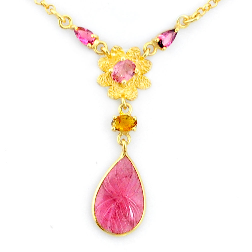 7.32cts natural watermelon tourmaline carving 14k gold collector necklace r71524