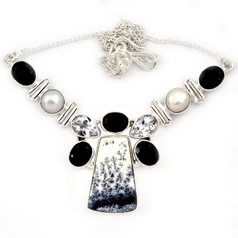 Natural white dendrite opal (merlinite) pearl 925 silver necklace jewelry j13328